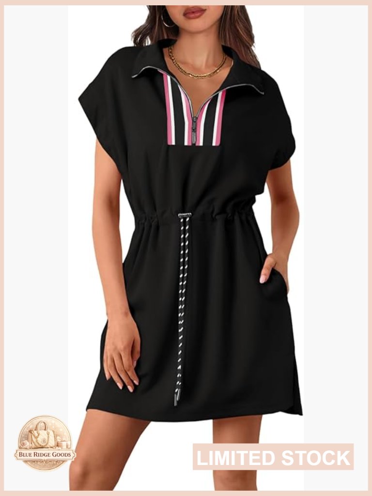 Quarter Zip V Neck Mini Sweatshirt Dress Drawstring Waist Side Slit Pockets